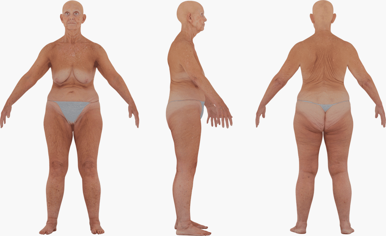 PBR texture map set for an older female 3D body scan including albedo, normal, specular, and metalness maps